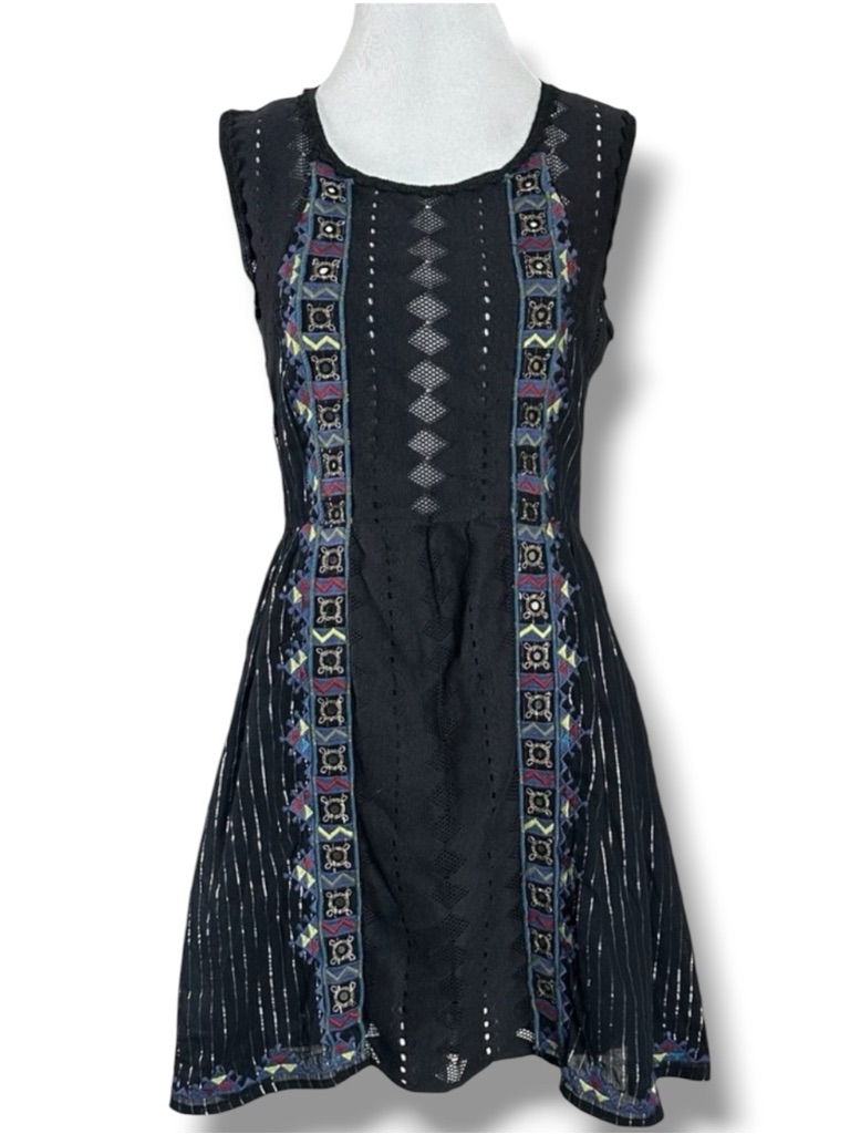 Free People Bohemian Gypsy Mirror Embroidered Dress 2 Xs Witchy Gauze Cotton